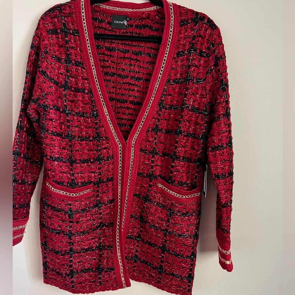 Clichê for Boston Proper tweed chain trim red cardigan ♥️🌹⭐️ - Picture 5 of 13